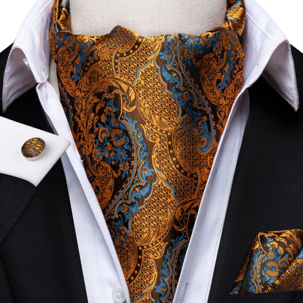 Hi-Tie Mens Ascot Black Pink Blue Red Gold Green Purple White Cravat Tie Hanky Cufflinks for Male Wedding Business Prom