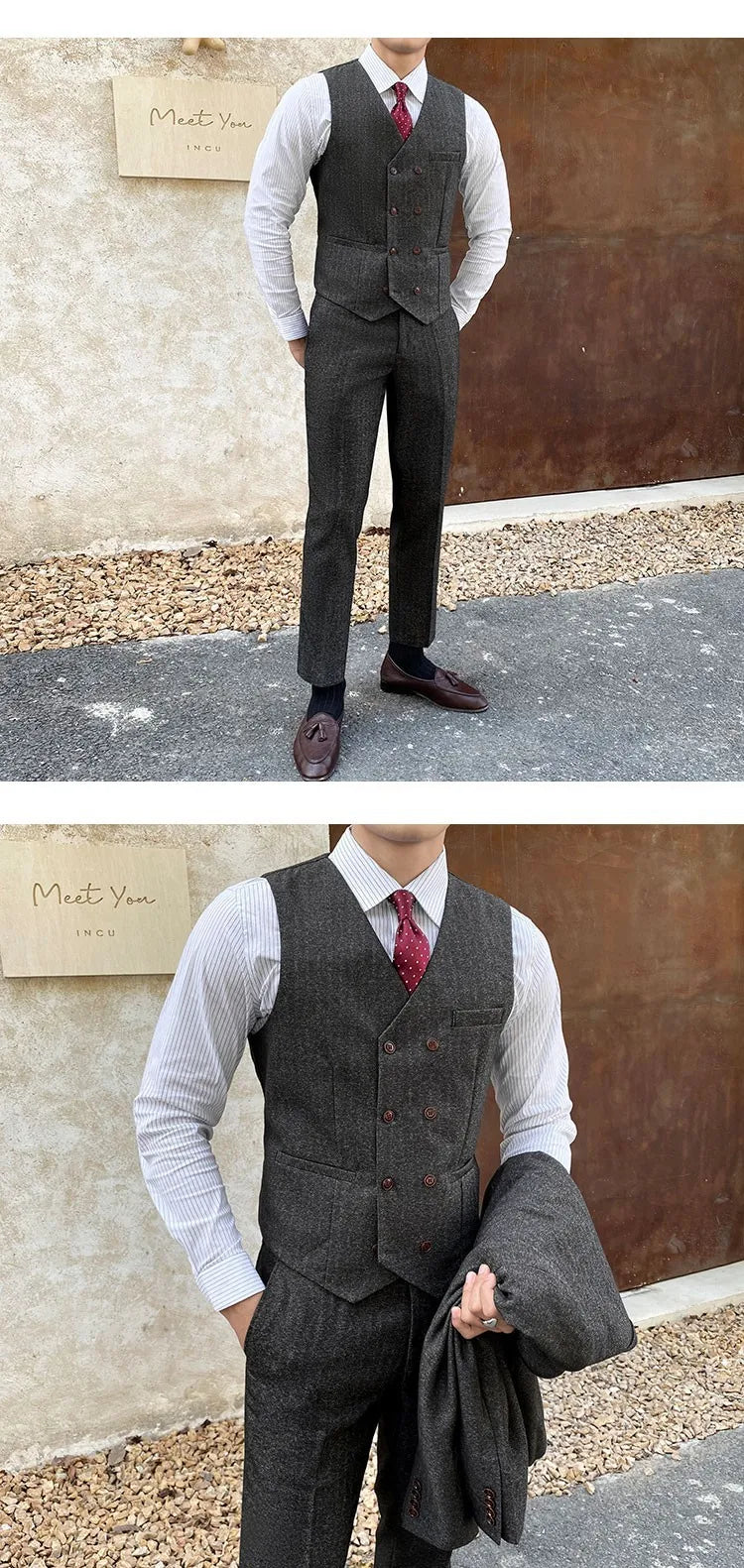 Vest Suit Men Groomsmen Clothes British Retro Tweed Vest Male Bridegroom Wedding Dress Brothers Outfit Waistcoat Pants Two Piece