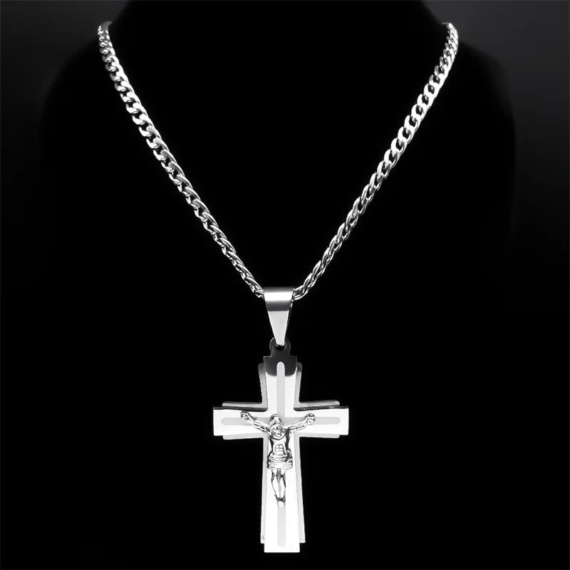 Jesus Cross Necklace Women Stainless Steel Chain for Men Silver Color Crucifix Religious Necklaces Jewelry Cruz collar N2343S05