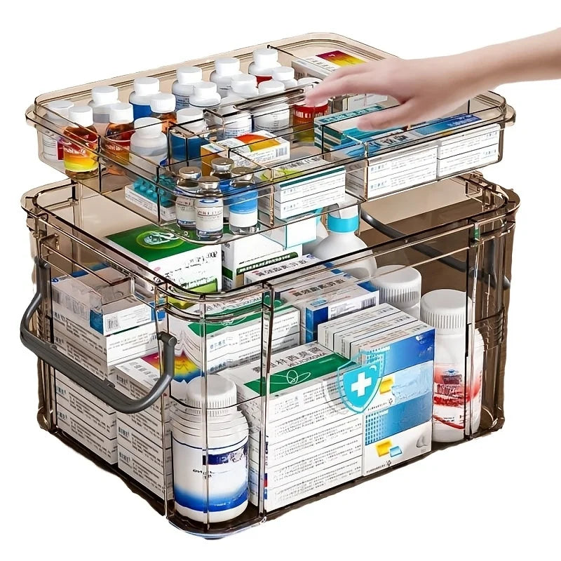 Clear Medicine Organizer Storage Box with Tray, Plastic First Aid Box Empty, Thickened Medicine Container Chest