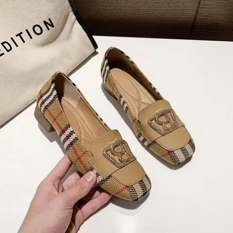 Women's slip-on shoes with square toe, plaid color-blocking, metal buckle, stylish low chunky heels, versatile style.