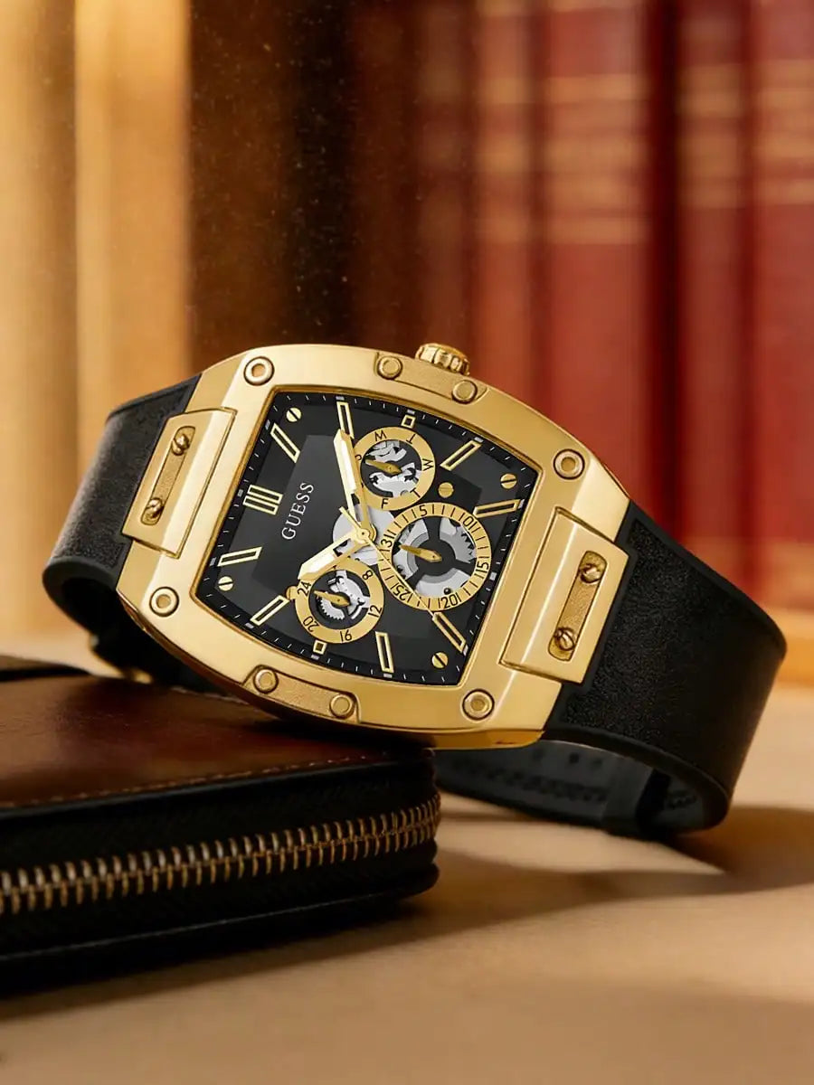 GUESS Watches for Men Original Luxury Gold Tone Black Dial Tonneau Multifunction Quartz Chronograph Silicone Strap Wristwatch
