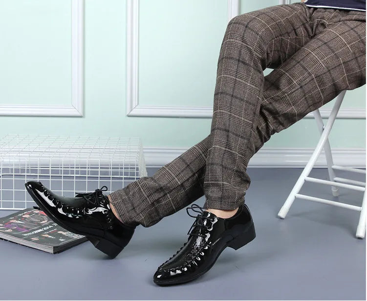 Men's  Dress Leather Shoes Lace-Up Wedding Party Shoes Mens Business Office Oxfords Flats Plus Size Men Fashion
