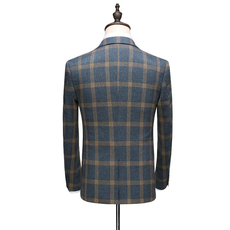 Men 3-piece Suit Outfit Single-breasted Blazer Man V-neck Vest Stright-leg Pant Male Retro Plaid Slim Business Wedding Suits