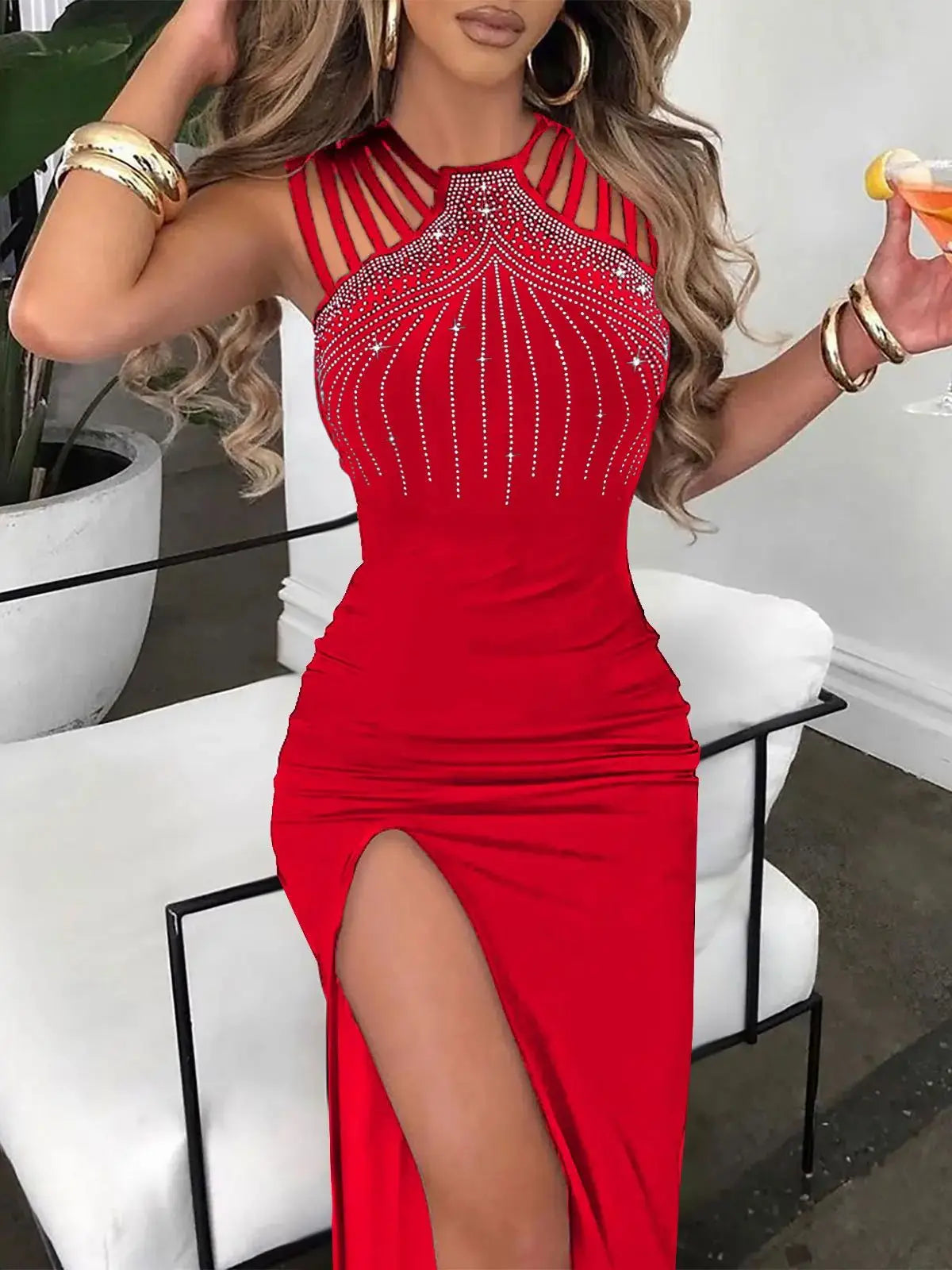 2026 Women’s Dress with Stylish Embroidered Beads, Flared Hem, and Back Slit – Perfect for Nightclubs and Parties.