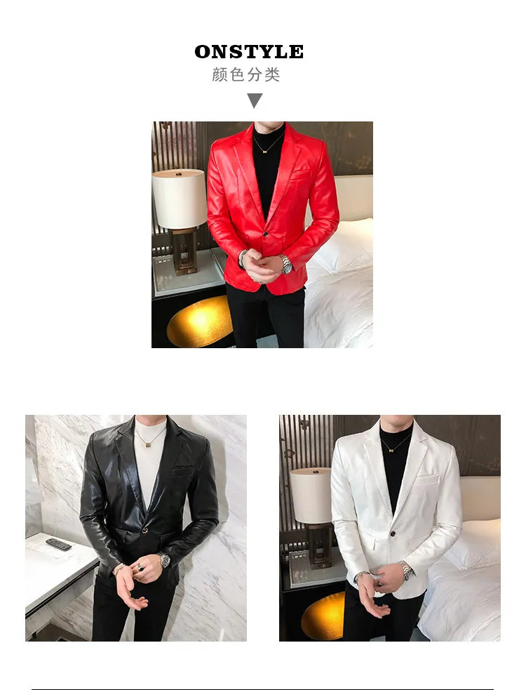 Men Casual Black White Suit Leather Jacket /Men Solid Color Business Suit Collar PU Blazers Dress Coat Fashion /New Men Clothing