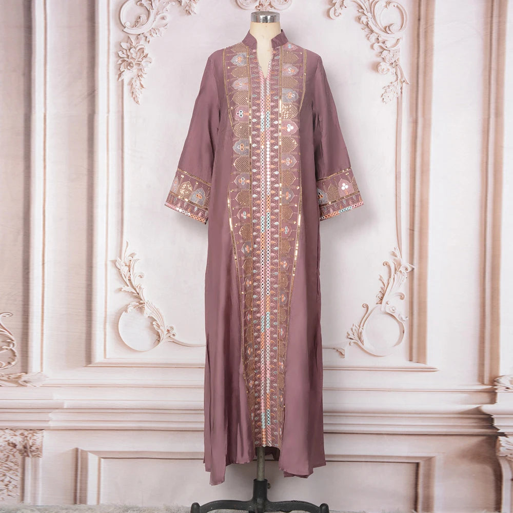 2025 Muslim Women Long Sleeve Kaftan Arabic Sequins Embroidered Party Evening Long Abaya Muslim Fashion Dresses Abaya Dubai