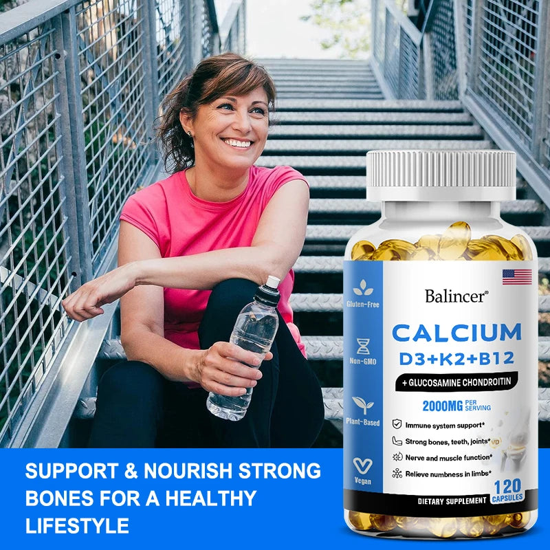 Calcium Vitamin D3 with B12, K2 - Supports Bones, Teeth, Heart and Immune System Function,Immune System Health