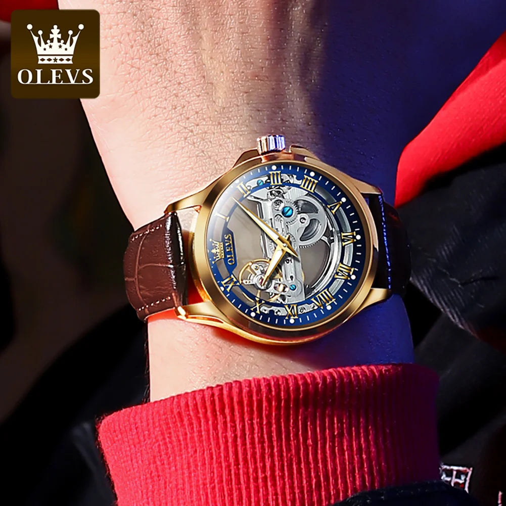 OLEVS 6661 Top Brand Men's Watches Fashion Hollow Flywheel Automatic Mechanical Wristwatch Waterproof Luminous Leather Strap