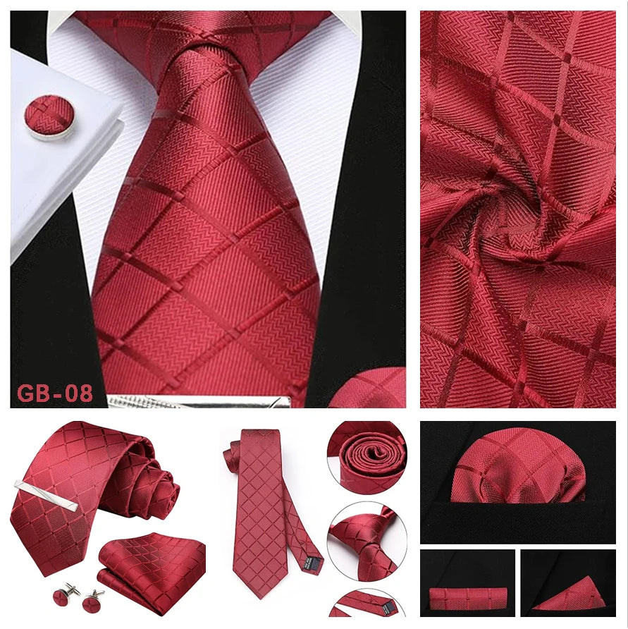 100% Silk Ties for Men Plaid & Checks Tie Clip Handkerchief Woven Classic Men's Necktie Pocket Square Set Formal Wedding Ties