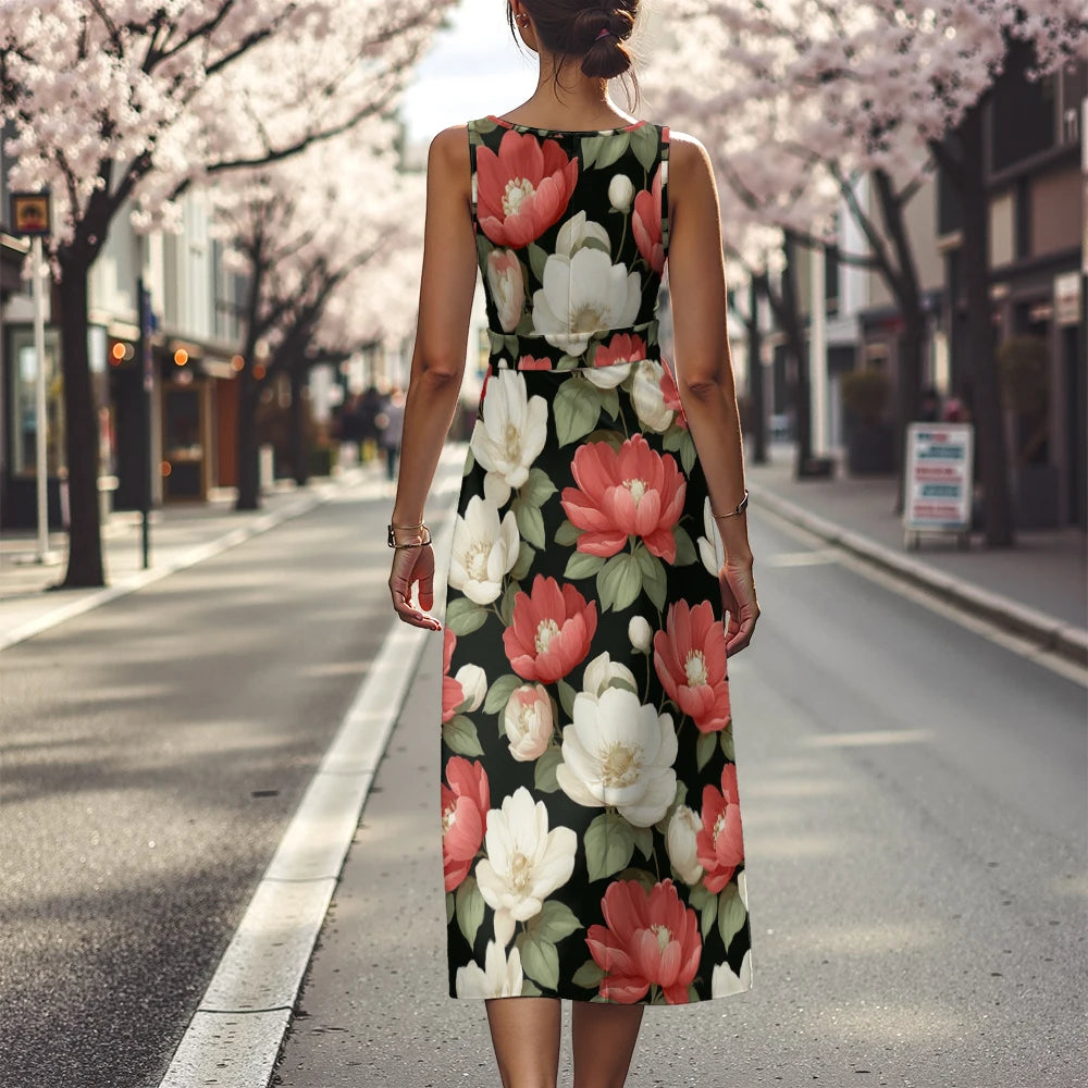Elegant Floral Dress for Women Breathable A-Line Sleeveless Dress Chic Blue & White with Pink Blooms Office To Vacation Dress