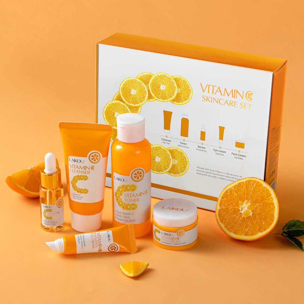 Facial Brightening Vitamin C Skincare 5pcs Set Essence Cream Serum Cleanser Toner Eye Moisturizer Care