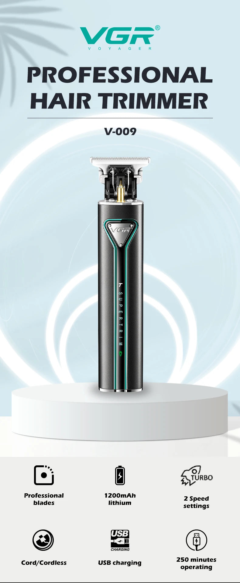 VGR Hair Clipper T9 Hair Trimmer Professional Hair Cutting Machine Metal Wireless Electric Rechargeable Clippers for Men V-009