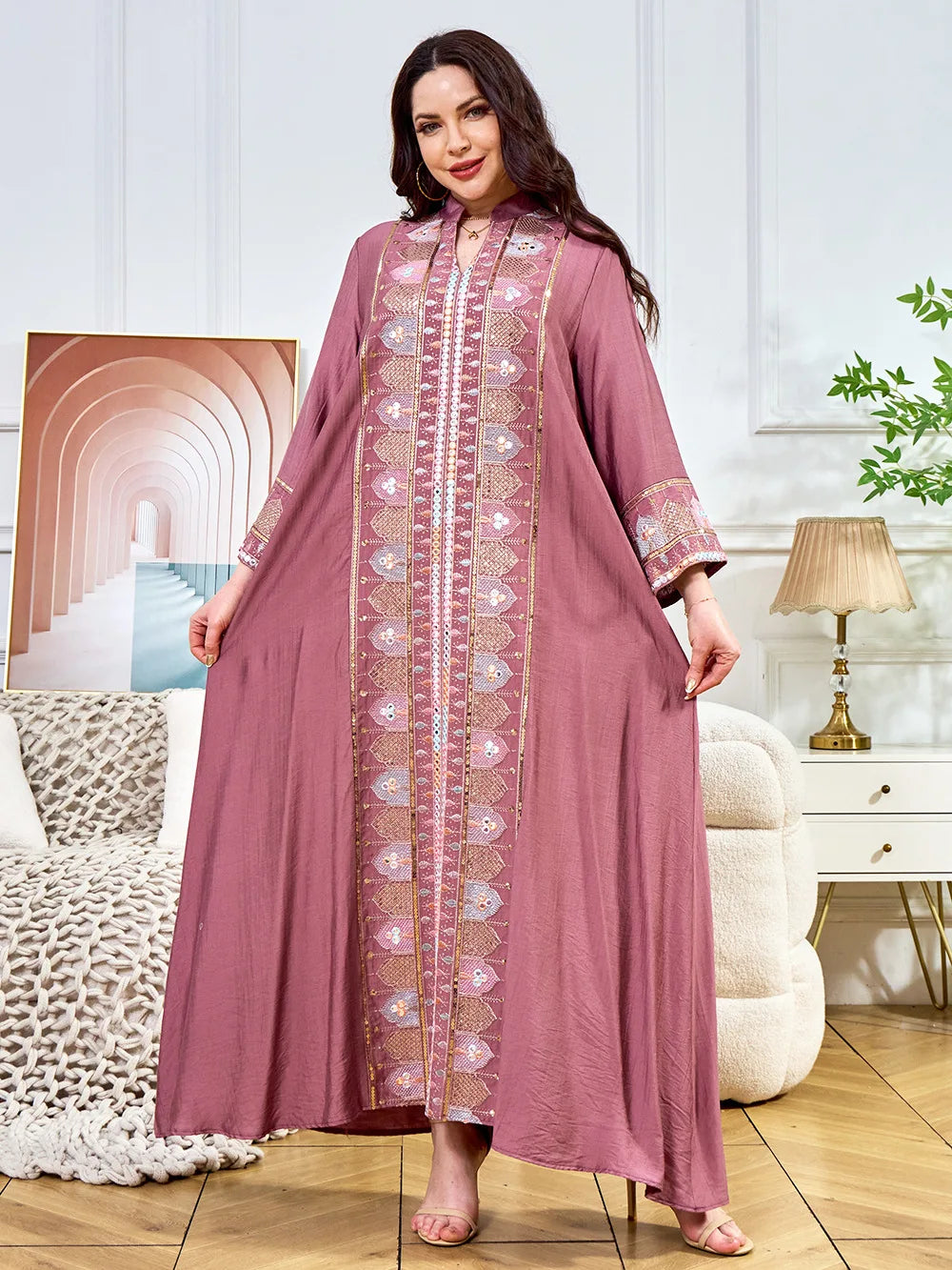 2025 Muslim Women Long Sleeve Kaftan Arabic Sequins Embroidered Party Evening Long Abaya Muslim Fashion Dresses Abaya Dubai