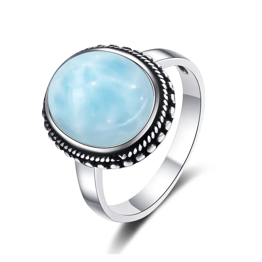 Vintage 925 Silver Ring Natural Larimar Stone Ring Round Flower Shape Sky Blue Summer Ring Fine Jewelry Gift for Men Women