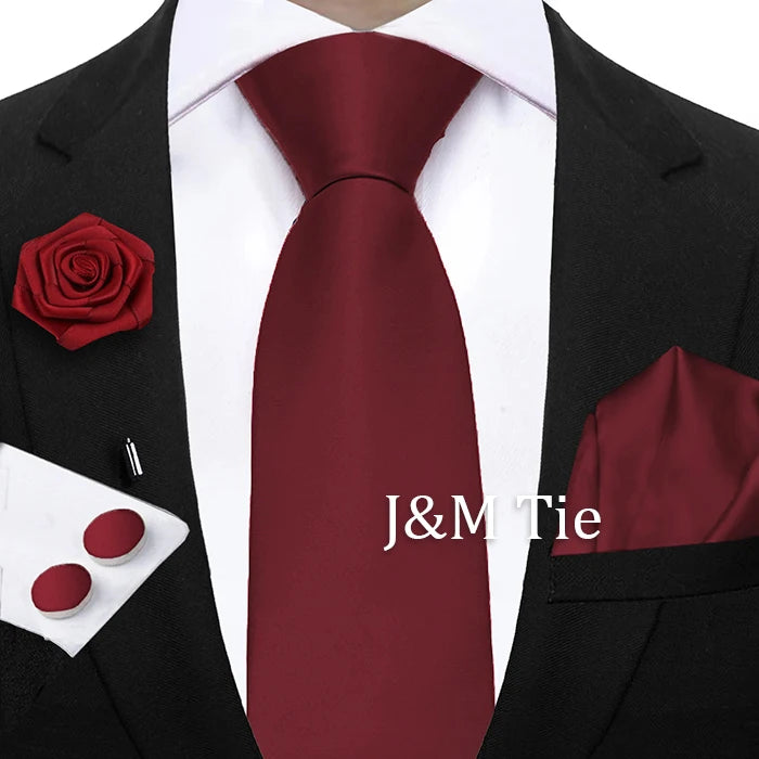 Mens Ties Solid NeckTie Pocket Square Brooch Set Men's Wedding Pink Blue Purple Tie Suit Accessories Fit Group Holiday Party