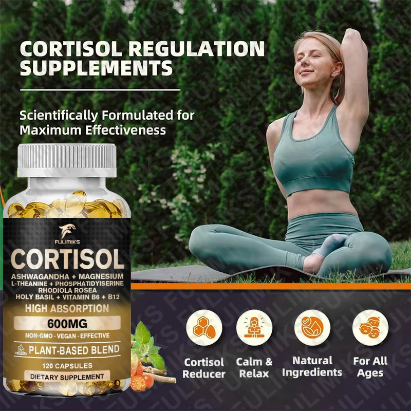 Cortisol Supplement, Hormone Balance, Magnesium, Ashwagandha, Rhodiola, L-Theanine, Vitamin B6 & B12, Mood, Focus, Sleep Support