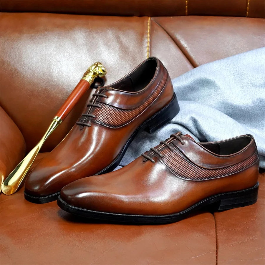 High-end Men's Oxford Shoes Genuine Leather Handmade Lace Up Pointed Toe Dress Leather Shoes Wedding Party Men's Business Shoes
