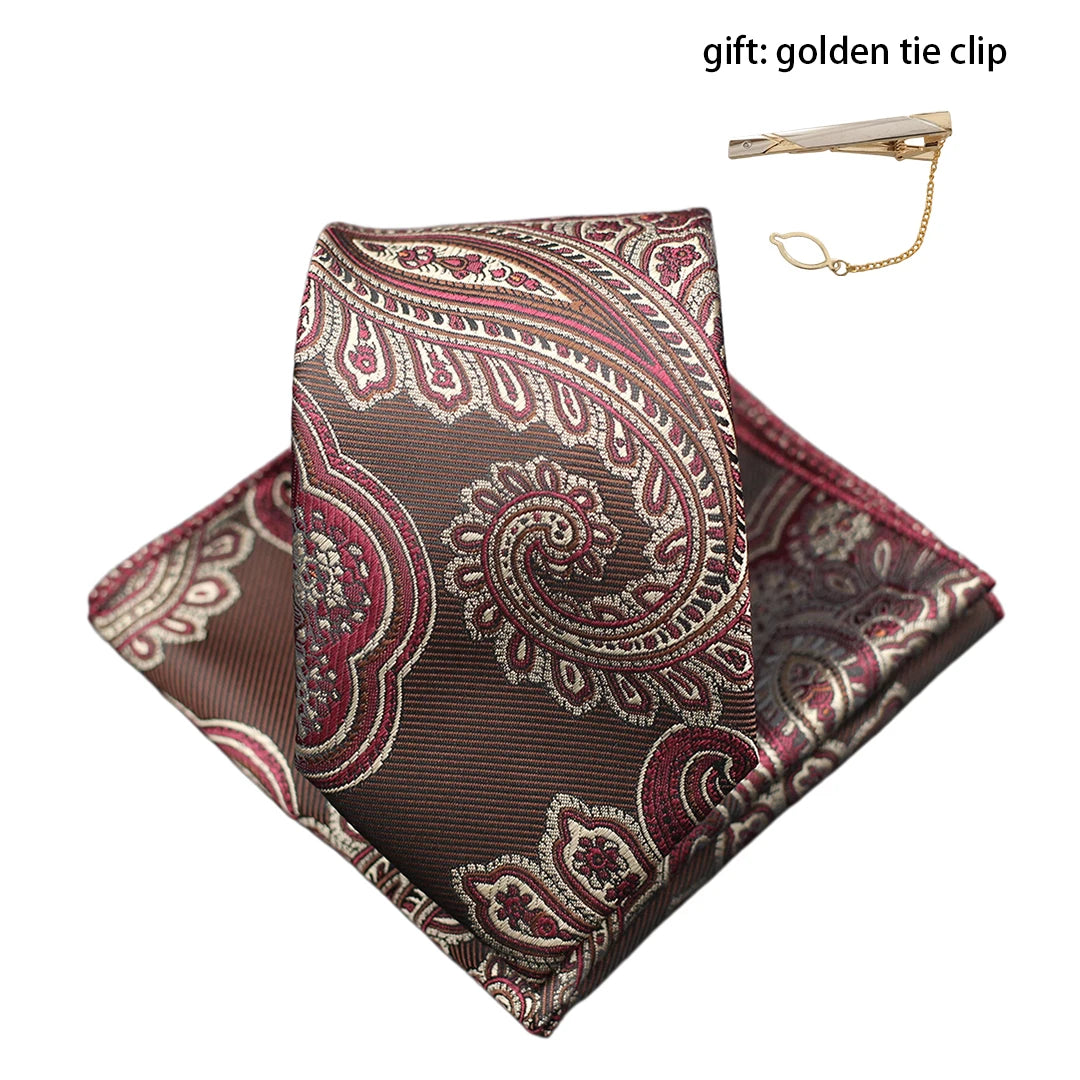 Mens Gift Tie Set Exquisite Red Jacquard Wine Burgundy Paisley Wedding Tie For Men Fashion Design Quality Hanky Dropshipping