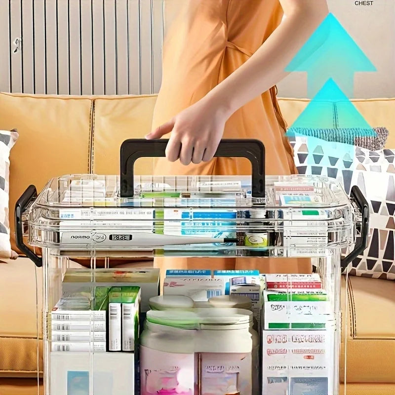1pc Waterproof Medicine Organizer Box, PVC Storage with Double Layer & Stackable Design, for Pills, Vitamins, First Aid