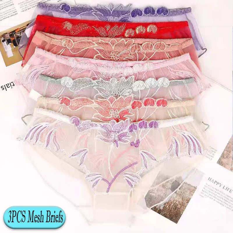 3PCS Solid Full Mesh Sexy Briefs Embroidered Floral Transparent Panties Plus Size Seamless Underwear Low Waist Erotic Lingerie