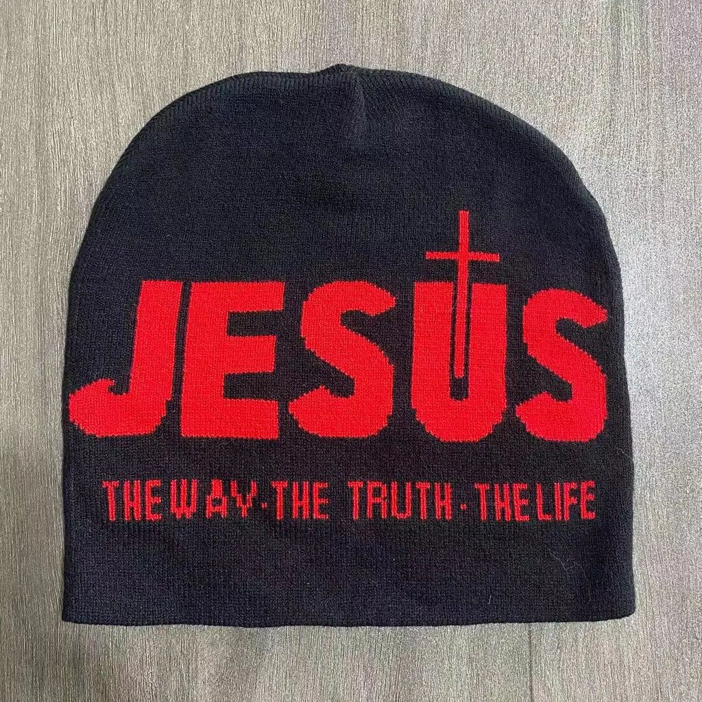 Y2k Women Jacquard Alphabet JESUS Knit Beanies Hat Men Letter Winter Fashion Kpop Goth Warm Hip Hop Thermal Unisex Pullover Hat