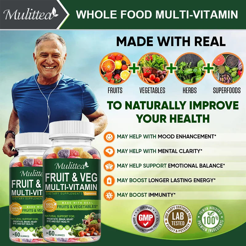 Mulittea Natural Vegetable & Fruit Gummies Anti-Constipation Detox Daily Fruit Help Digestion Multiple Vitamins Supplement