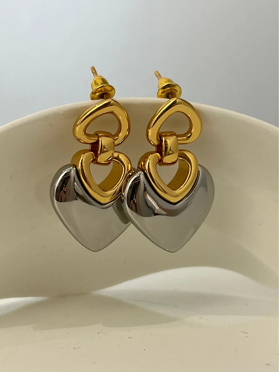 Brass Chunky 2 Tone Heart Drop Earrings Women Jewelry Punk Party T Show Gown Runway Korean Japan INS