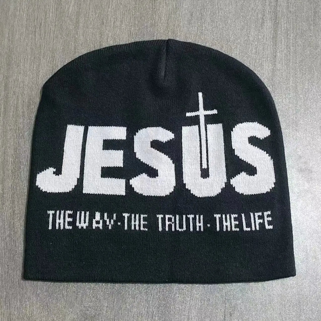 Y2k Women Jacquard Alphabet JESUS Knit Beanies Hat Men Letter Winter Fashion Kpop Goth Warm Hip Hop Thermal Unisex Pullover Hat