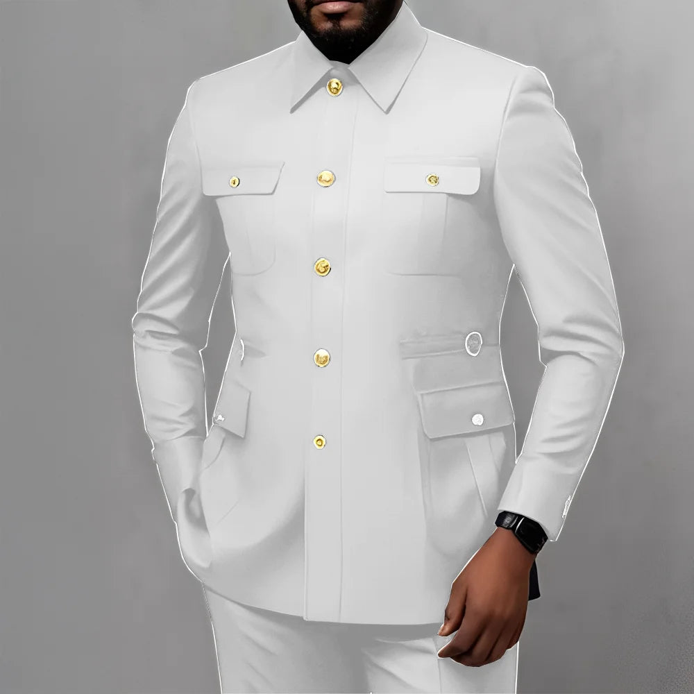 Men's 2-Piece Formal Suit, Utility Style, Golden Buttons, Suit + Trousers Combination, Fashionable Business Use