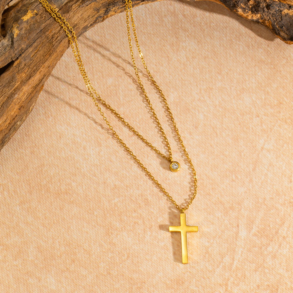 Layered Necklace for Women, Stackable Double pendant with CZ & Cross, Stainless Steel Waterproof Hypoallergenic Trendy Jewelry