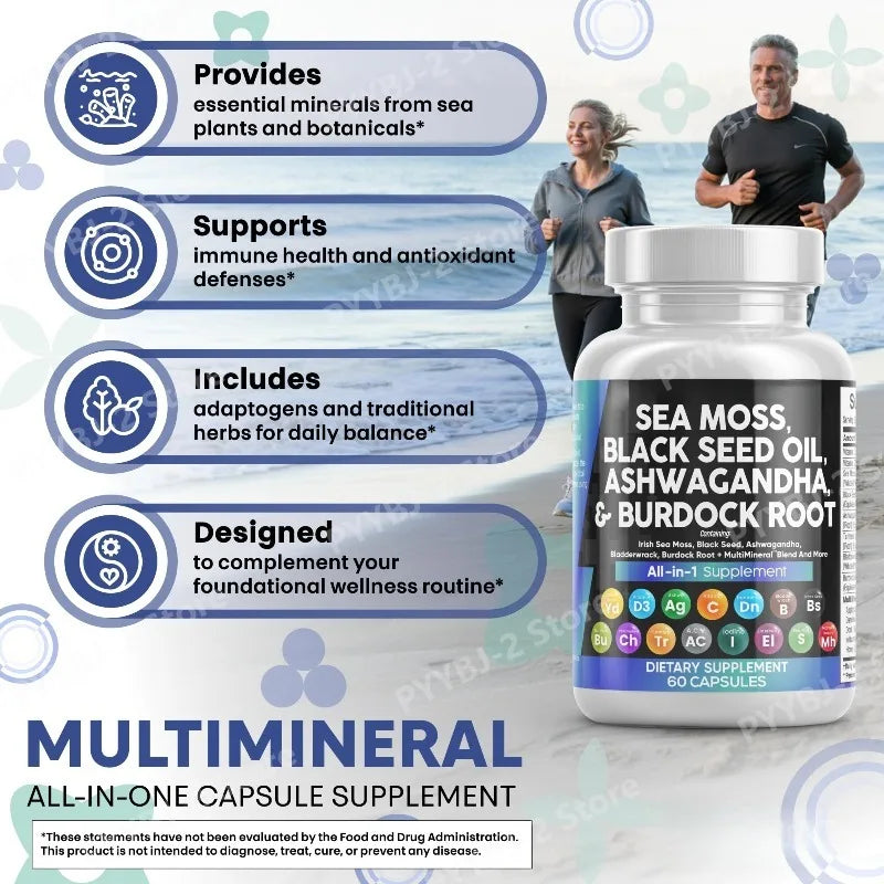 Sea Moss Capsules Contain Black Seed Turmeric & Vitamin D Plant-Based Daily Mineral  All in One Supplement 60 Count Per Bottle