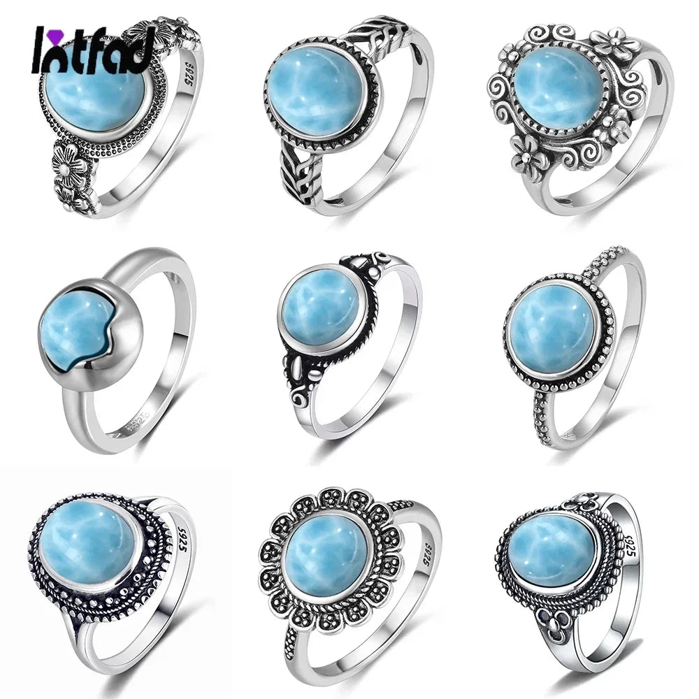 Vintage 925 Silver Ring Natural Larimar Stone Ring Round Flower Shape Sky Blue Summer Ring Fine Jewelry Gift for Men Women