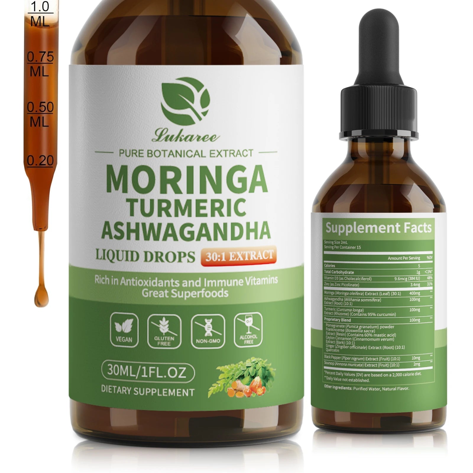 12-in-1 Organic Moringa Drops with Ashwagandha Turmeric Quercetin for Energy Immune Joint Digestive Metabolism, Vegan Non-GMO
