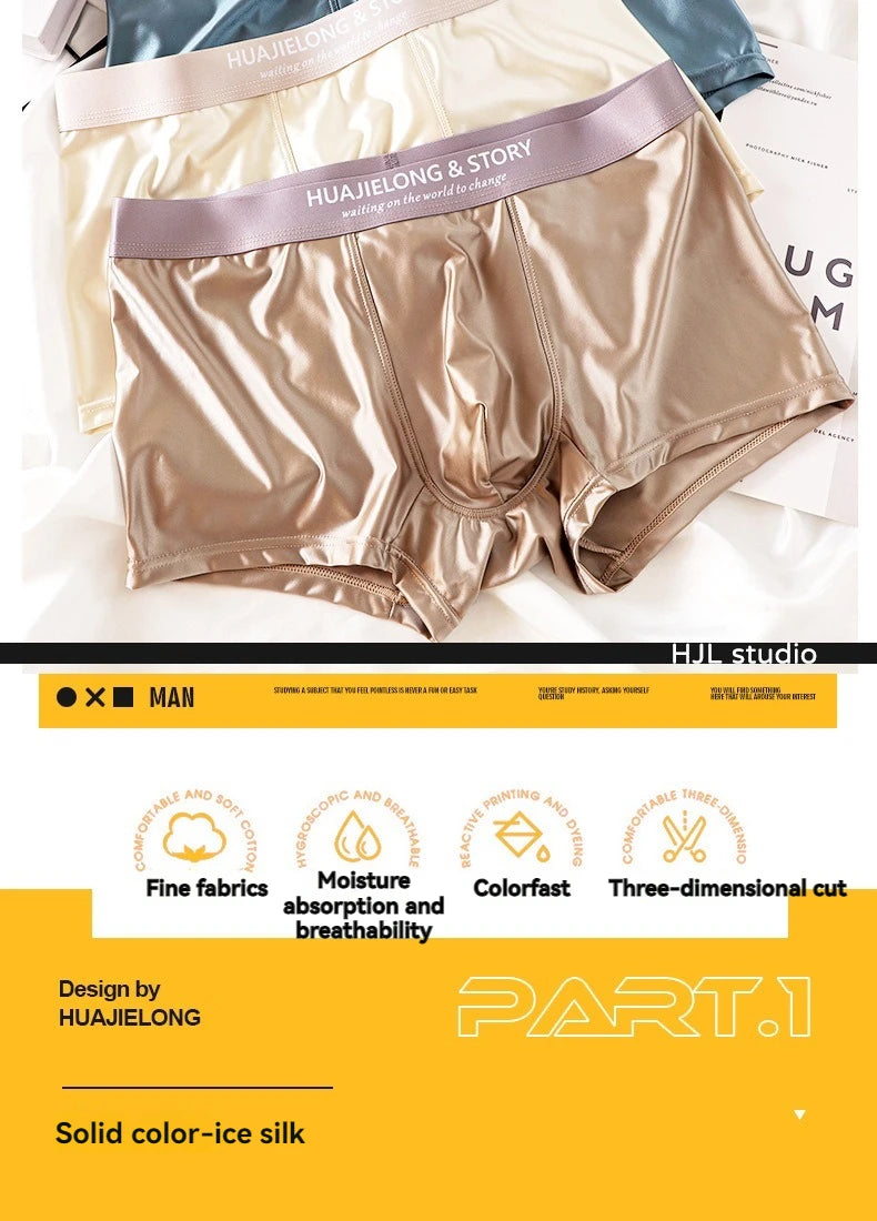 3PCS/Pack Luxury Ice Silk Satin-like Boxers Summer Smooth Cool Solid Men's Underpants Breathable Mesh Crotch Panties Underwear