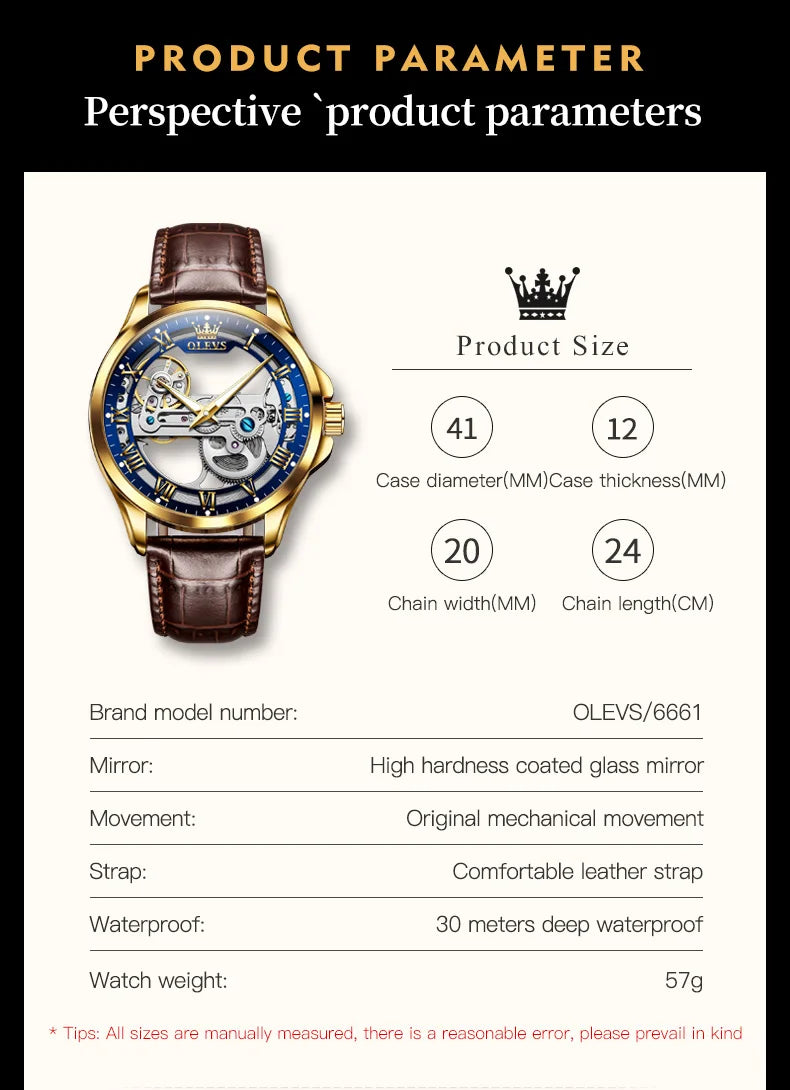 OLEVS 6661 Top Brand Men's Watches Fashion Hollow Flywheel Automatic Mechanical Wristwatch Waterproof Luminous Leather Strap