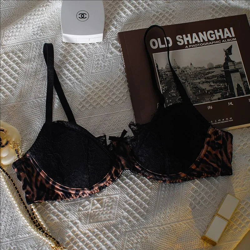 Sexy Leopard Lace Underwear Small Breasts Gathered Soft Steel Ring Top Support Anti-Sagging Collection of Breasts Bra Set