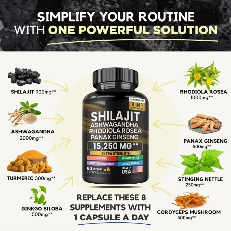 8 in 1 Shilajit Soft Capsules Supplement Natural Mineral Resin Like Substance Nourishing Agent Resist Oxidation Enhance Immunity