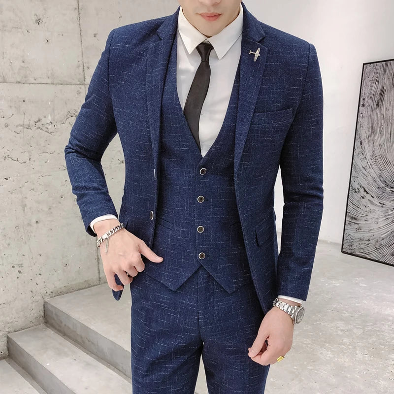 Men's Business Fitted Two-Button Suit Set Fashionable Versatile Trendy Three-Piece Ensemble for Groom Best Man Banquet Dress