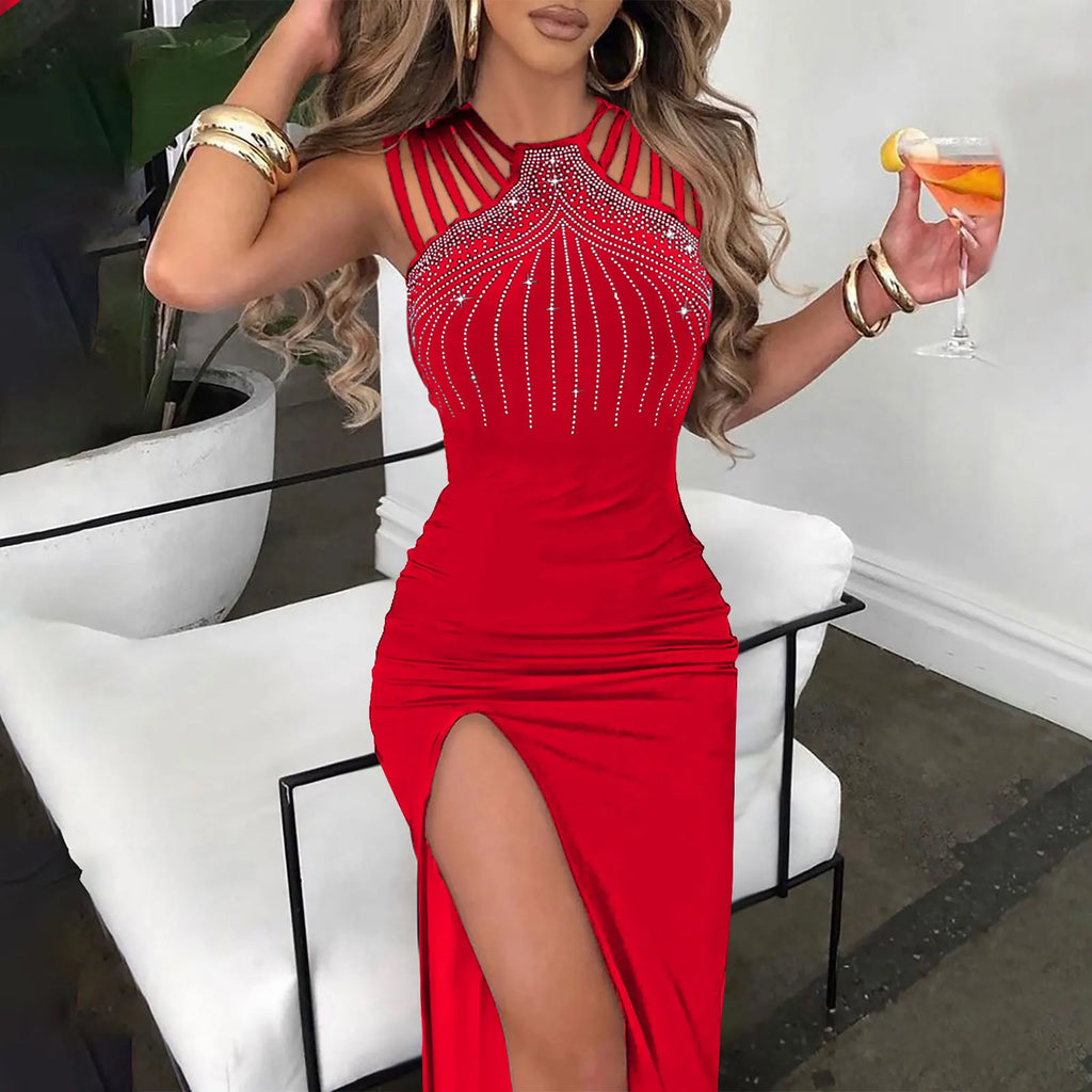 2026 Women’s Dress with Stylish Embroidered Beads, Flared Hem, and Back Slit – Perfect for Nightclubs and Parties.