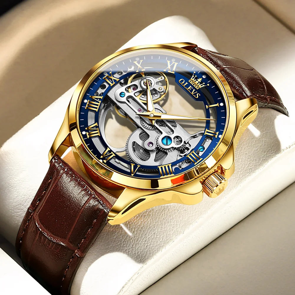 OLEVS 6661 Top Brand Men's Watches Fashion Hollow Flywheel Automatic Mechanical Wristwatch Waterproof Luminous Leather Strap