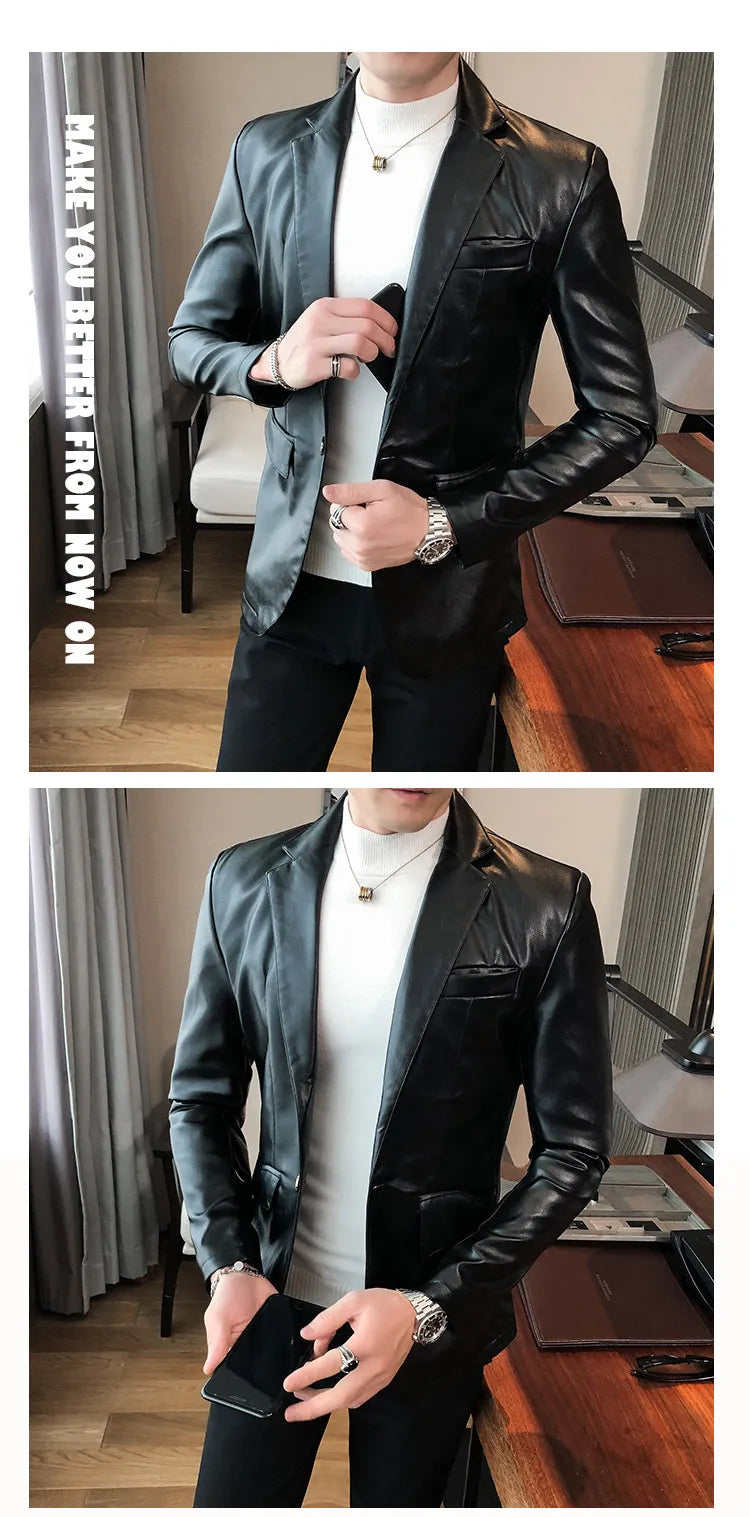 Men Casual Black White Suit Leather Jacket /Men Solid Color Business Suit Collar PU Blazers Dress Coat Fashion /New Men Clothing