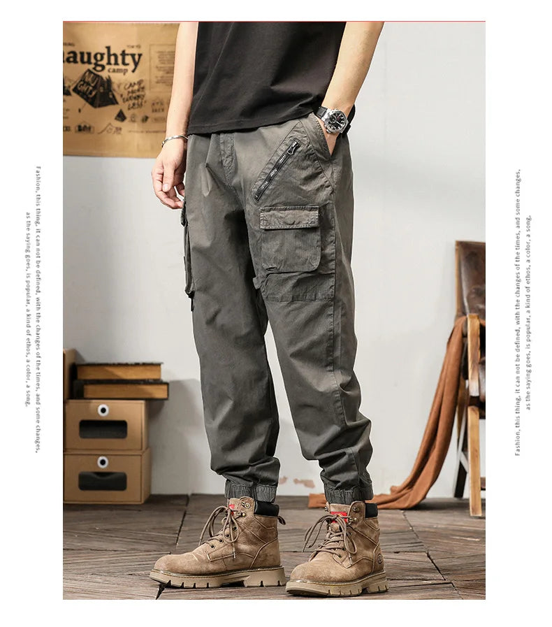 Man's Cargo Pants High Waist Casual Ninth Pants Fashion Slim High Street Straight Workwear Trousers Trend Streetwear Binding leg