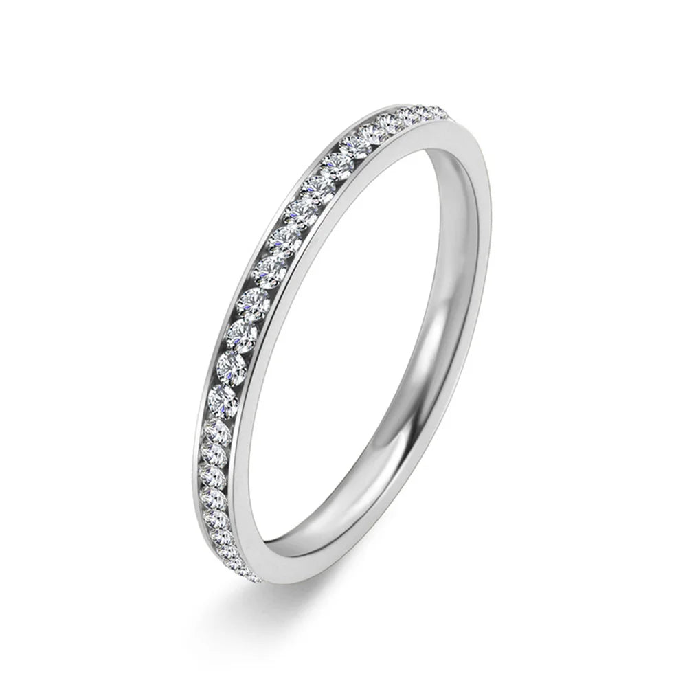 2mm Iced Out Cubic Zirconia Ring Female Gold Silver Color Stainless Steel Wedding Rings for Women Fashion Jewelry Gift