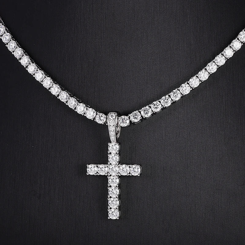 Provence Moissanite Cross Neclace for Women S925 Link Chain 4mm D Color VVS1 Tennis Necklace for Ladies Silver Cross Pendant