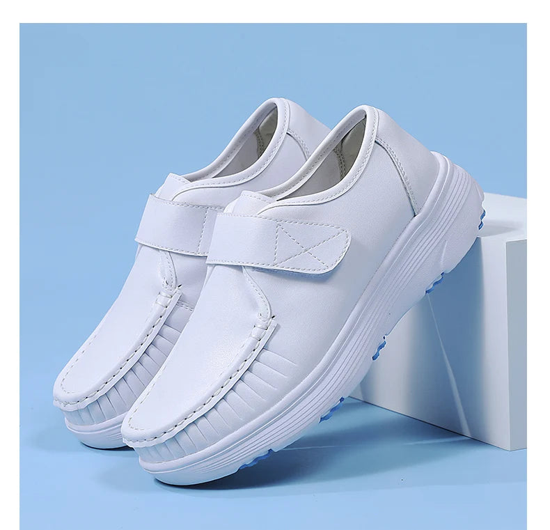 Women's Genuine Leather Nurse Shoes Soft Bottom Comfortable Breathable Anti-Slip Magic Tape Work Shoes Black White Spring Autumn