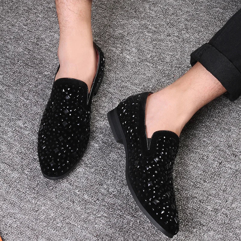 Dress Shoes for Men Luxury Pointed Toe Black Loafers Denim Metal Sequins Shoes Fashion High Quality Men Party Wedding Shoes New