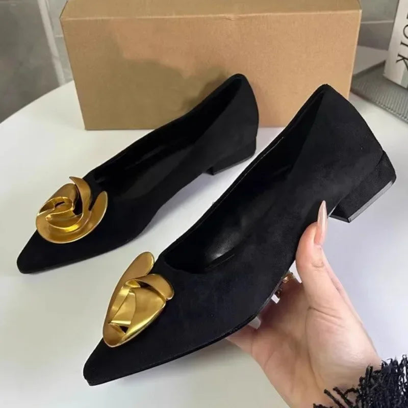 Elegant Office Women's Dress Shoes 2026 Summer New Black Shallow Pointed Toe Fashion Metal Flower Comfortable Ladies Flats