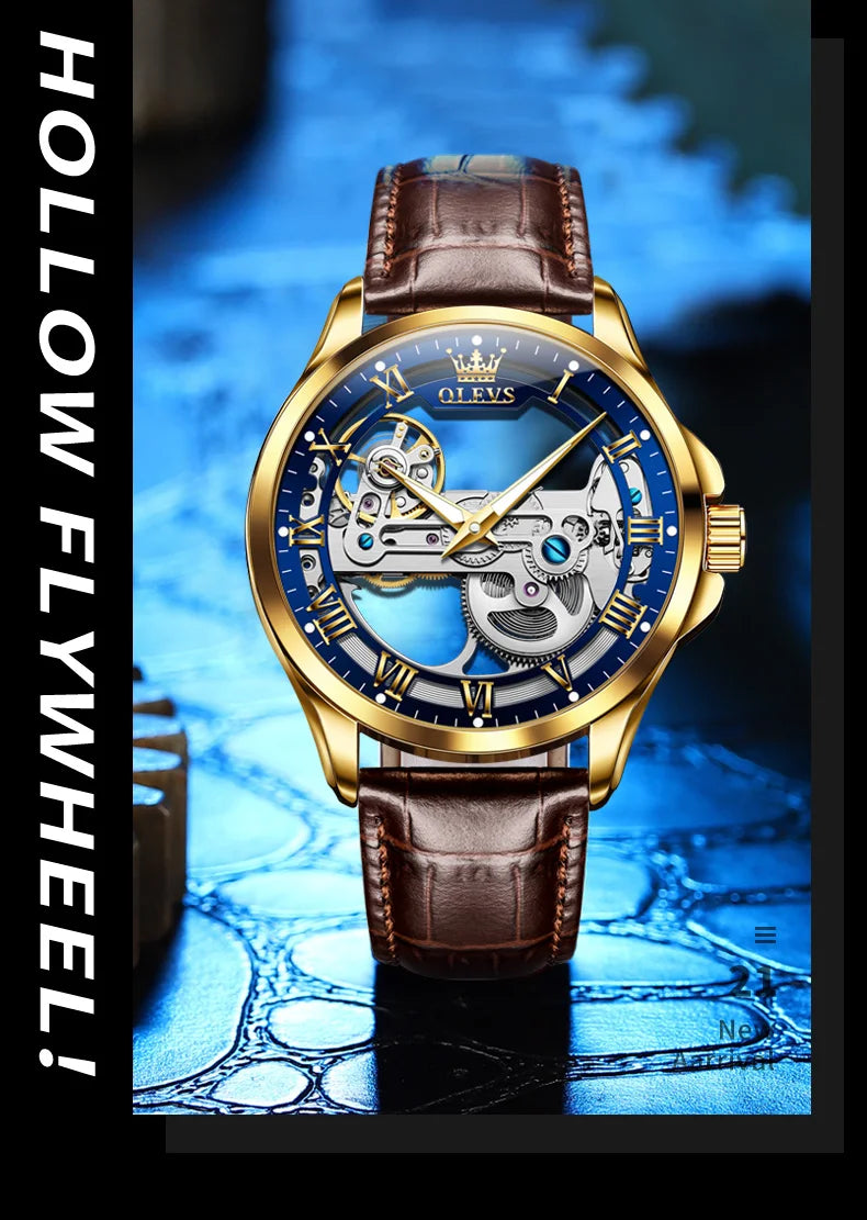 OLEVS 6661 Top Brand Men's Watches Fashion Hollow Flywheel Automatic Mechanical Wristwatch Waterproof Luminous Leather Strap