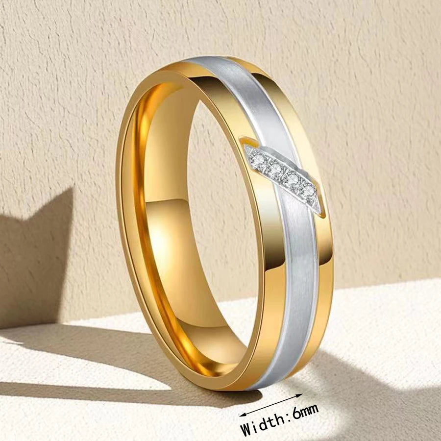 1Piece Gold Tone Silver Plated Stainless Steel Titanium Ring Cubic Zircon Rhinestone Couple Engagement Wedding Jewelry Men Women